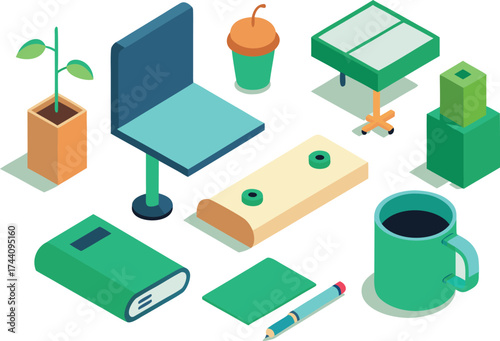 Isometric office supplies illustration vector green elements for design projects
