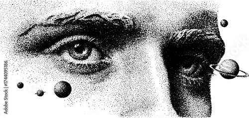 Surreal face illustration with celestial elements in dotwork style