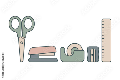 Set of essential office and school supplies including scissors stapler and ruler