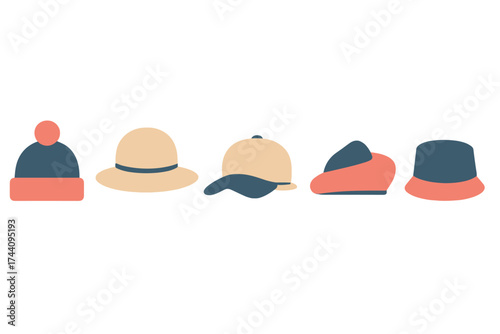 Set of colorful headwear styles including beanie, sun hat, baseball cap, and bucket hat