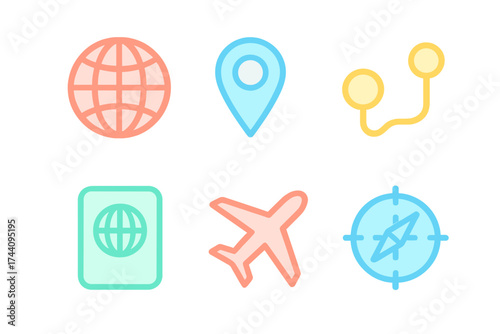 Essential travel and navigation icons including location pin, globe, airplane, and compass symbols