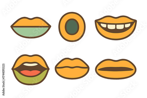 Stylized mouth and lip icons in a vibrant retro color palette