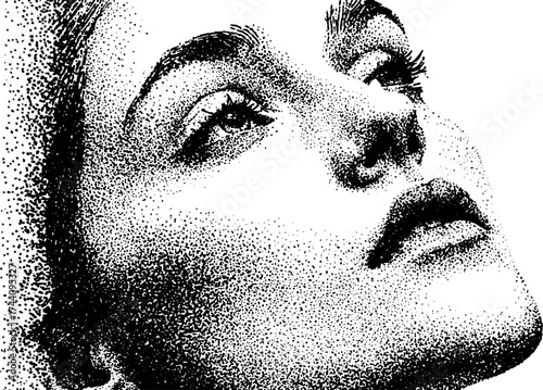 Intricate dotwork stippling portrait of a female face with halftone effect