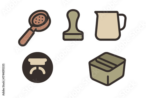 Stylized icons representing essential coffee making tools and accessories