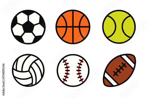 Six classic sports balls icons: soccer, basketball, tennis, volleyball, baseball, and football