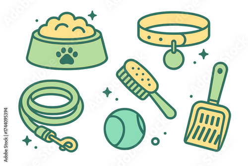 Stylized icons for common pet care and essential animal accessories