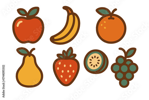 Stylized fresh fruit icons featuring a vibrant retro color palette