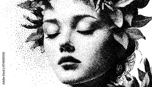 Enchanting forest nymph in detailed dotwork stipple art - ethereal beauty