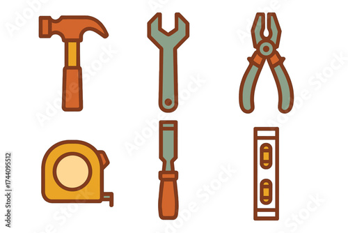 Six essential carpentry and construction hand tools icons for building and repair