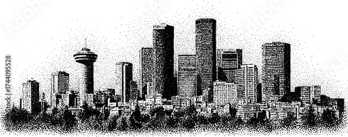Foggy city skyline with detailed dotwork stippling effect for urban design concept