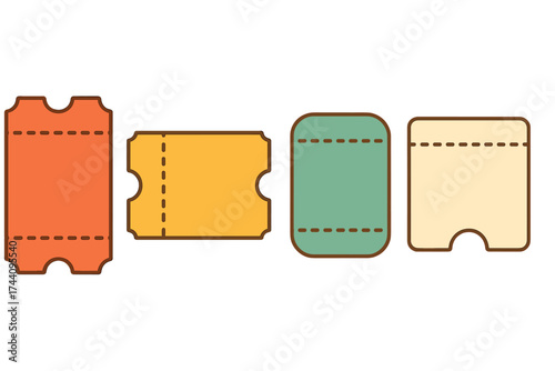 Colorful blank admission and raffle ticket mockups in four shapes