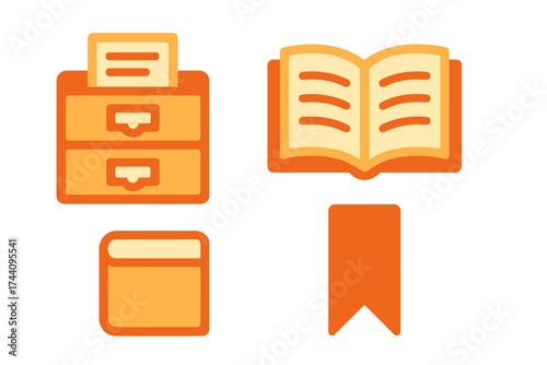 Orange icons set depicting library, archive, filing cabinet, and open book symbols