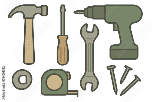 Variety of essential hand tools and common hardware components for building projects