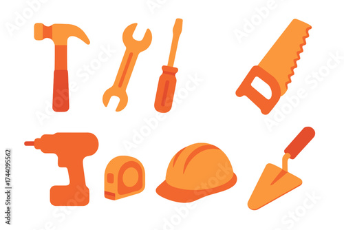 Orange construction and repair tool icons set isolated on white background
