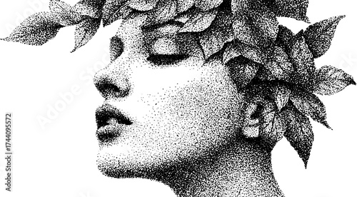 Detailed dotwork stipple illustration of a serene forest nymph portrait with leaf crown