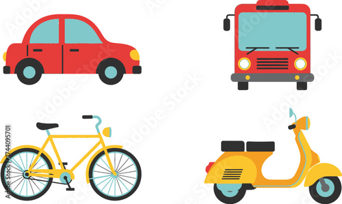 Transportation vehicles car bus bicycle scooter vector graphics