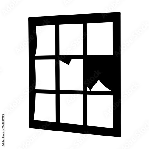Vector art of silhouette of a broken window, depicting damage and disrepair, suitable for themes related to decay or vulnerability
