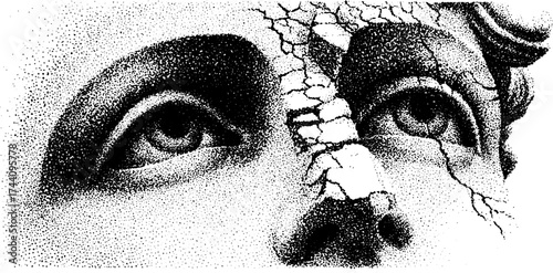 Exquisite dotwork stippling of a fragmented classical sculpture with cracks
