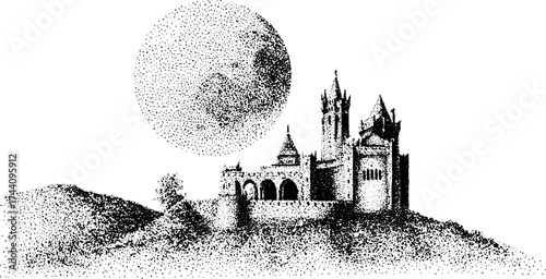 Detailed dotwork stippling illustration of a full moon illuminating a medieval castle scene