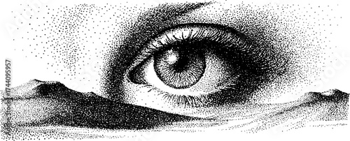 Surreal eye rising above mountains in detailed dotwork stippling