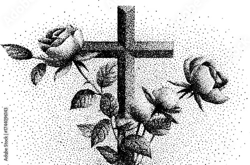 Detailed gothic cross with roses stipple illustration for design or print