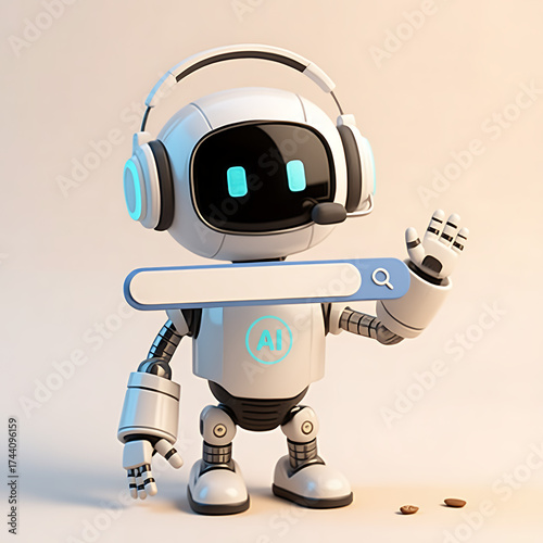 Friendly AI assistant robot with search bar, ready to help your customers find what they need, modern technology for your business solutions