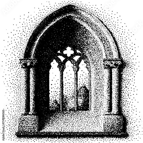 Gothic cathedral window - intricate dotwork stippling illustration for art and design