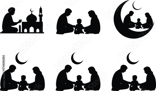 Silhouette illustrations of muslim families and mosque with crescent moon