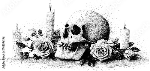 Gothic skull with roses and candles - detailed dotwork stippling illustration for design and decor