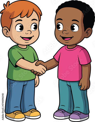 Friendly handshake between diverse children, cartoon illustration, multicultural kids smiling, friendship concept, teamwork, unity, cooperation, 