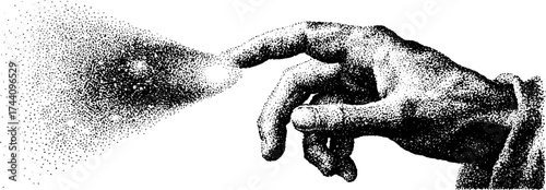 Hand reaching with stipple dotwork technique - detailed artistic illustration for creative designs