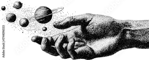 Cosmic exploration: intricate dotwork design of a hand holding planets