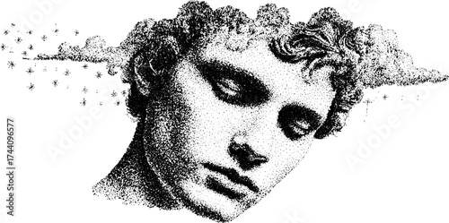 Surreal dotwork stippling illustration of a pensive head with cloud elements