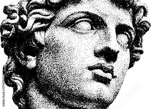 Heroic marble bust in detailed dotwork stippling illustration for artistic design