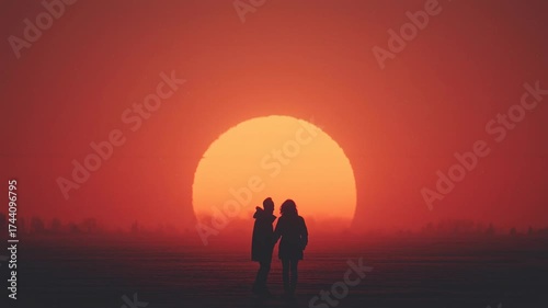 Romantic Sunset Silhouette of Two People Holding Hands Against a Vibrant Orange and Red Sky at Dusk