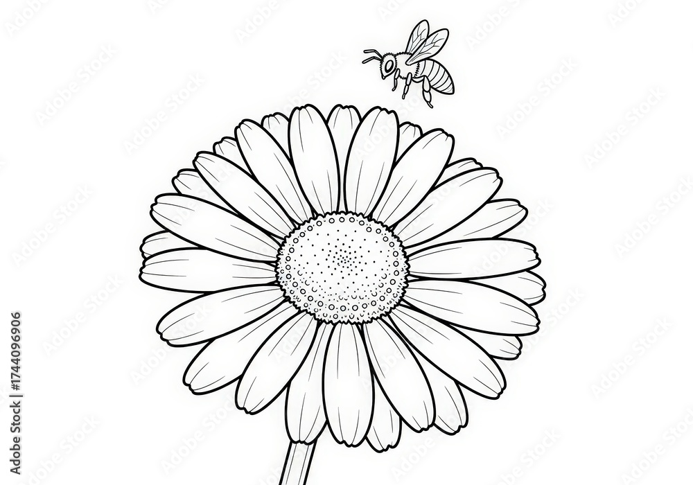 Fototapeta premium Detailed Black and White Illustration of Flower with Bee for Relaxing Coloring Activities