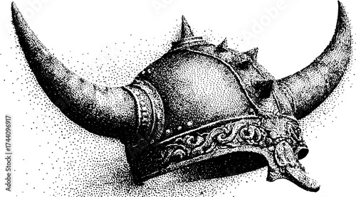 Intricate dotwork stipple design of a viking horned helmet for historical art projects