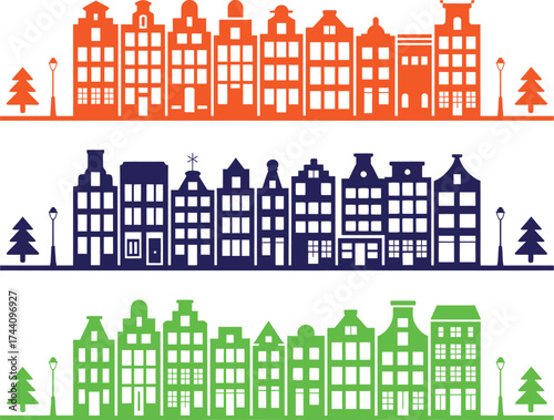 Three rows of silhouette buildings with trees and street lamps design