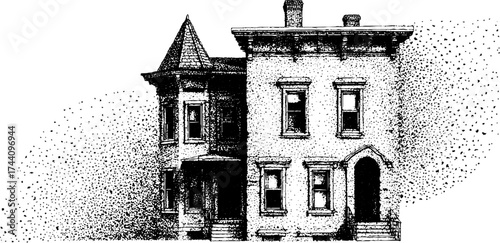 Vintage dotwork stippling illustration of a historic house facade