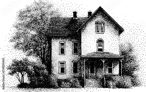 Intricate dotwork stippling of vintage house facade with trees and porch for design projects