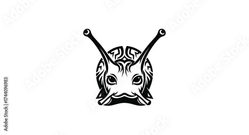 Black and white stylized snail head tribal logo silhouette
