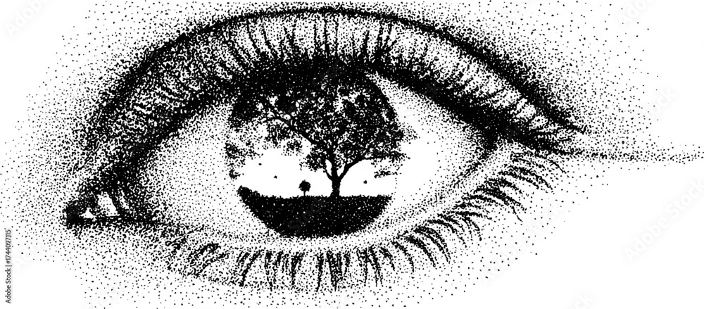 Obraz premium Intricate stipple dotwork illustration of human eye with surreal landscape
