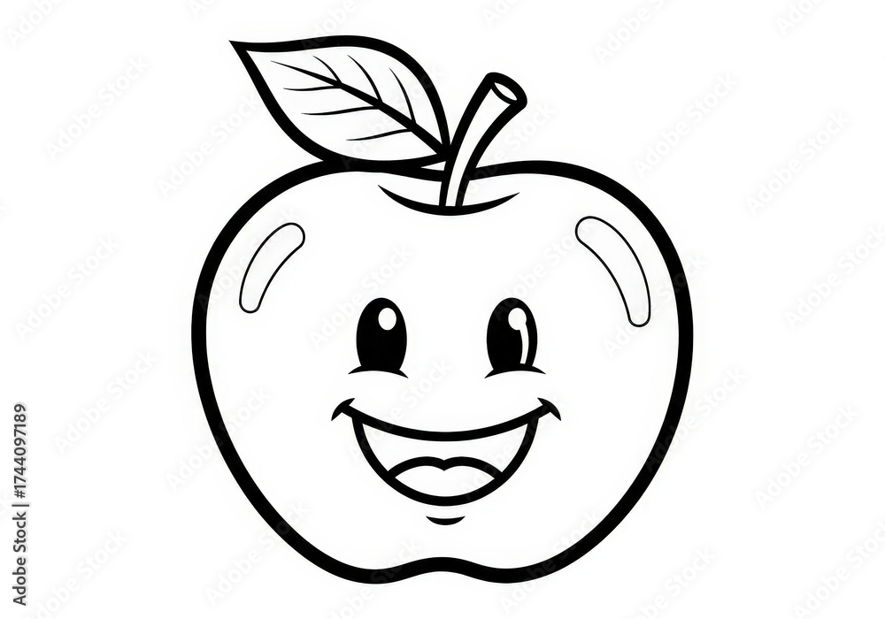 Obraz premium Happy Cartoon Apple With Leaf and Smiling Face for Kids Coloring Activity and Design Projects