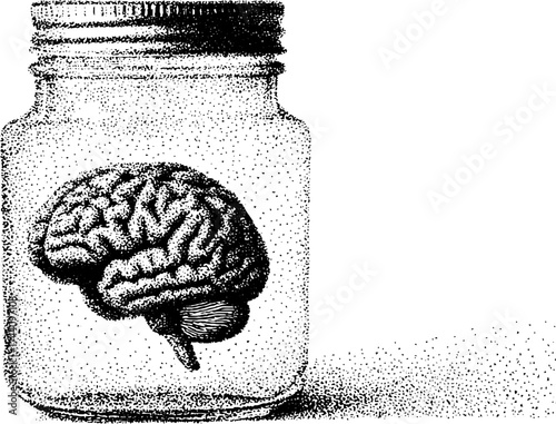 Intricate stipple illustration of a human brain in a jar with dotwork technique