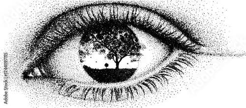 Intricate stipple dotwork illustration of human eye with surreal landscape