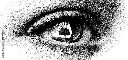 Detailed dotwork stippling illustration of a human eye featuring a tree reflection