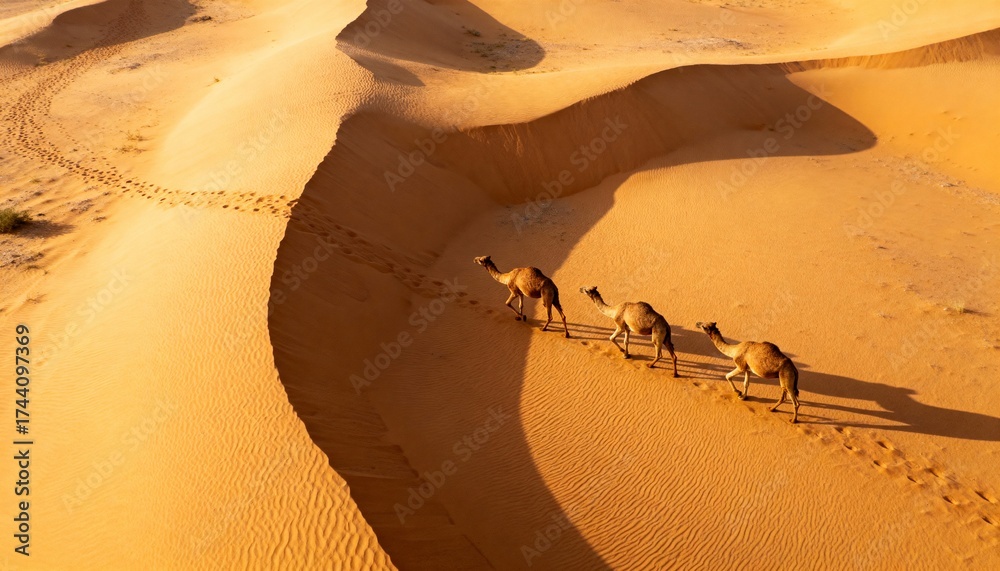Obraz premium Aerial view of camels walking in a line across golden sand dunes in a desert at sunset
