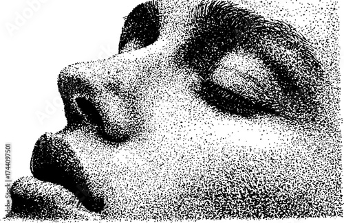 Detailed dotwork stipple illustration of human face gazing with closed eyes