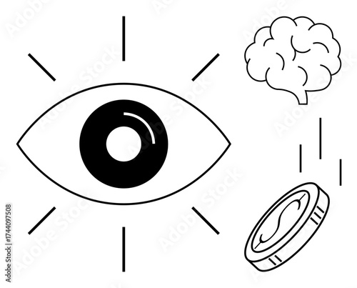 Large eye surrounded by a brain and a falling coin, symbolizing insight, creativity, and value. Ideal for innovation, mindfulness, strategy, leadership, perception motivation simple flat metaphor