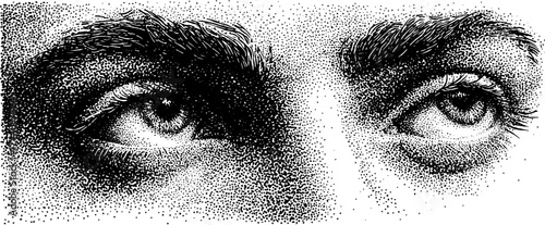 Intricate dotwork stipple art of human face with intense gaze